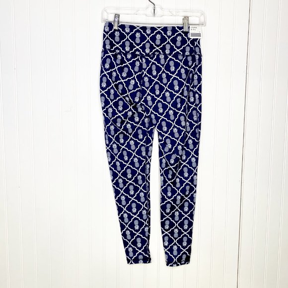 NEW CROWN & IVY SPORT Pineapple & Lattice Leggings Blue & White S - Picture 3 of 11